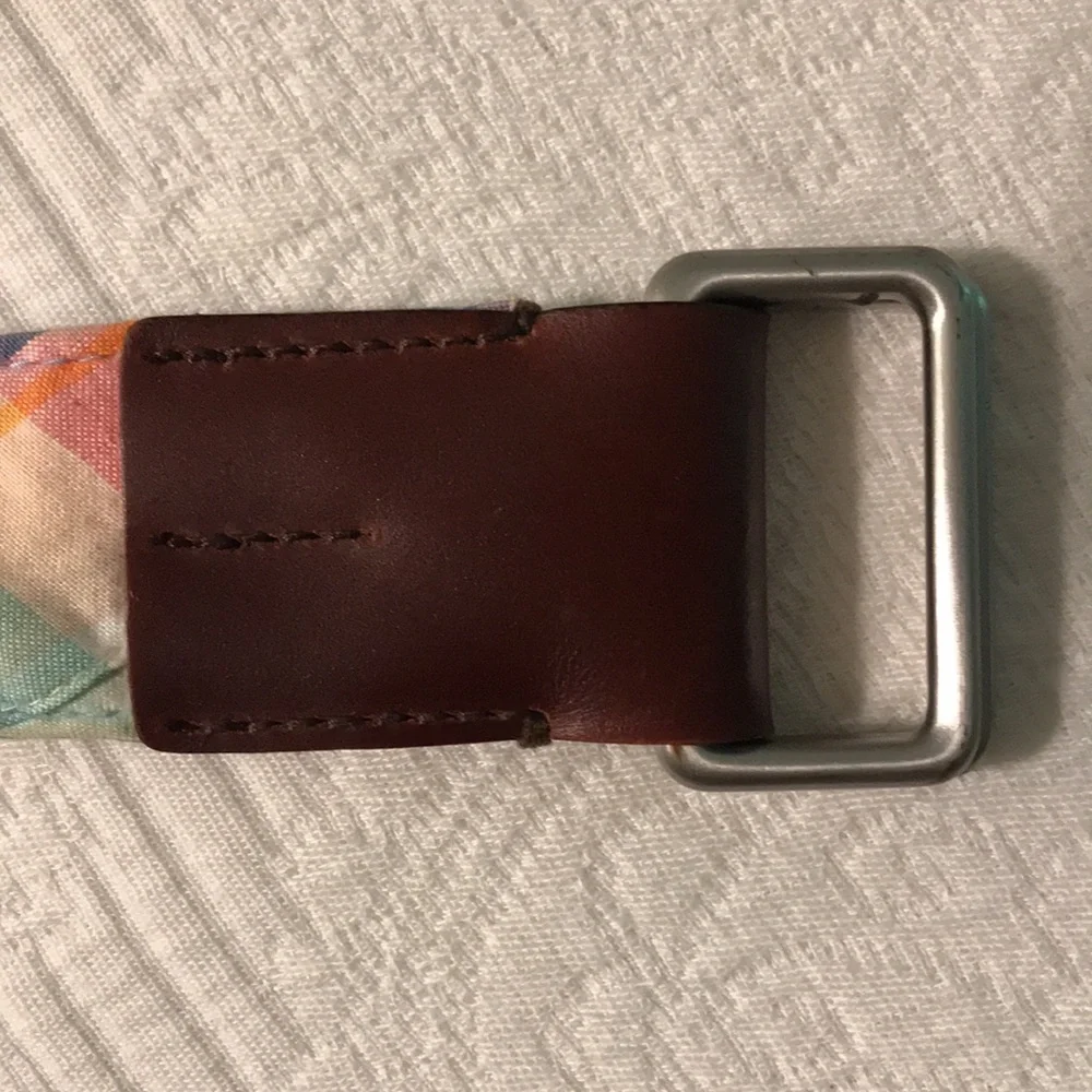 Brooks Brothers Preppy Plaid Fabric Belt with Brown Leather Accents Adjustable